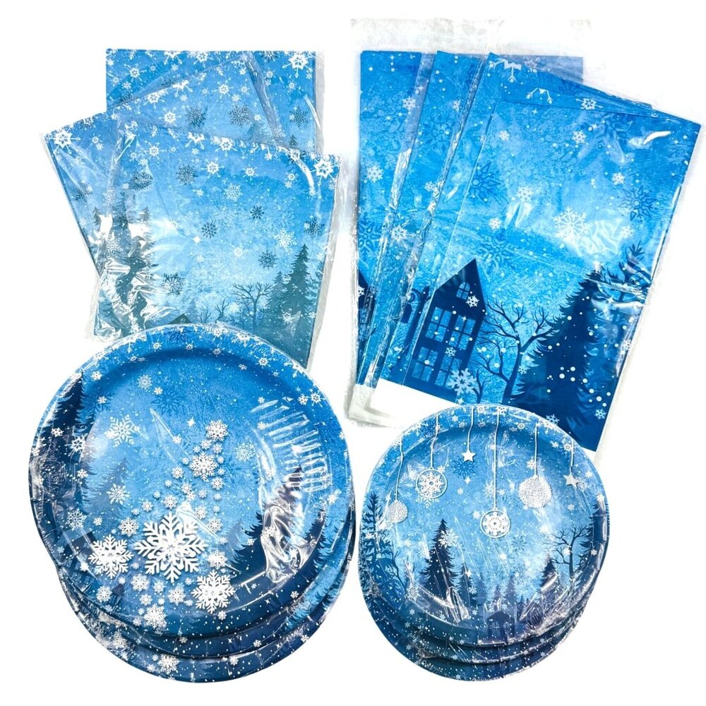 Winter Snowflake Scene Paper Plate & Napkins 10ct ea Plastic Tablecloth (3-Pack)